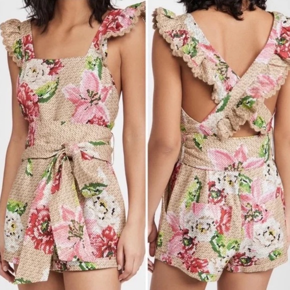 NWOT FARM Rio Womens Floral Open Crossed Back Strap Frills Romper - S - Picture 5 of 16